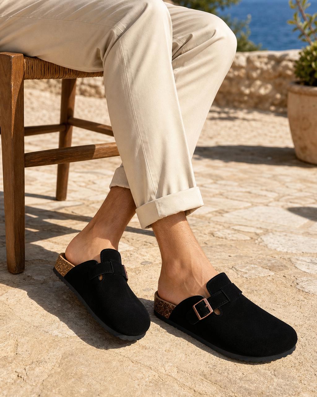 Man wearing black backless with linen trousers