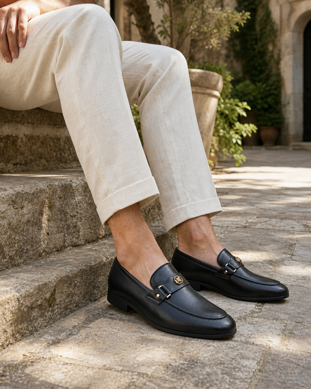 Man wearing black bit with linen trousers