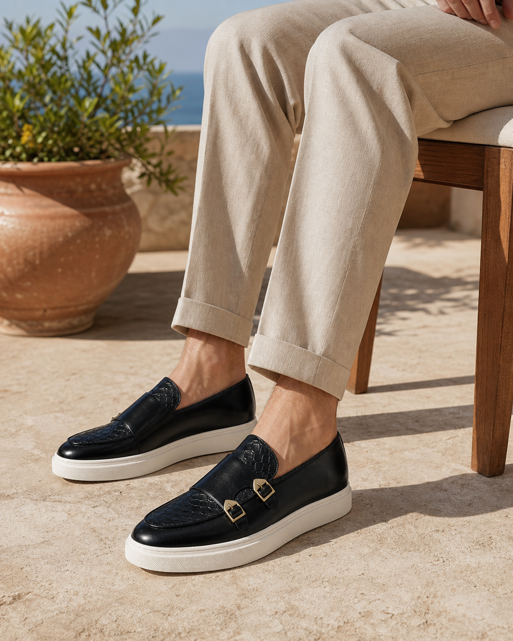 Man wearing black bit with linen trousers