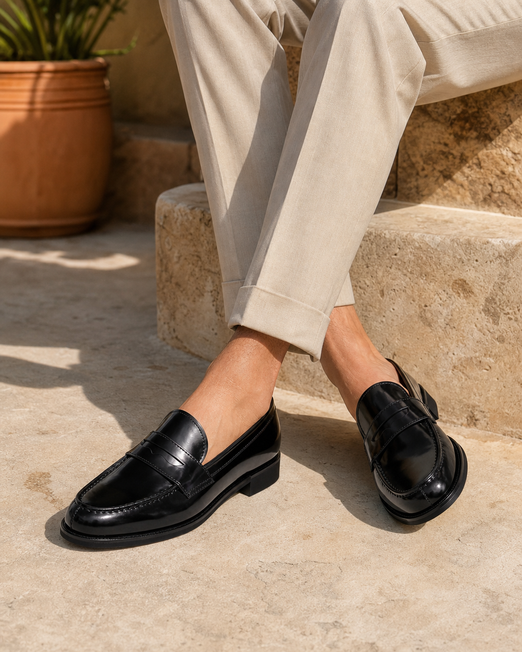Man wearing black bit with linen trousers