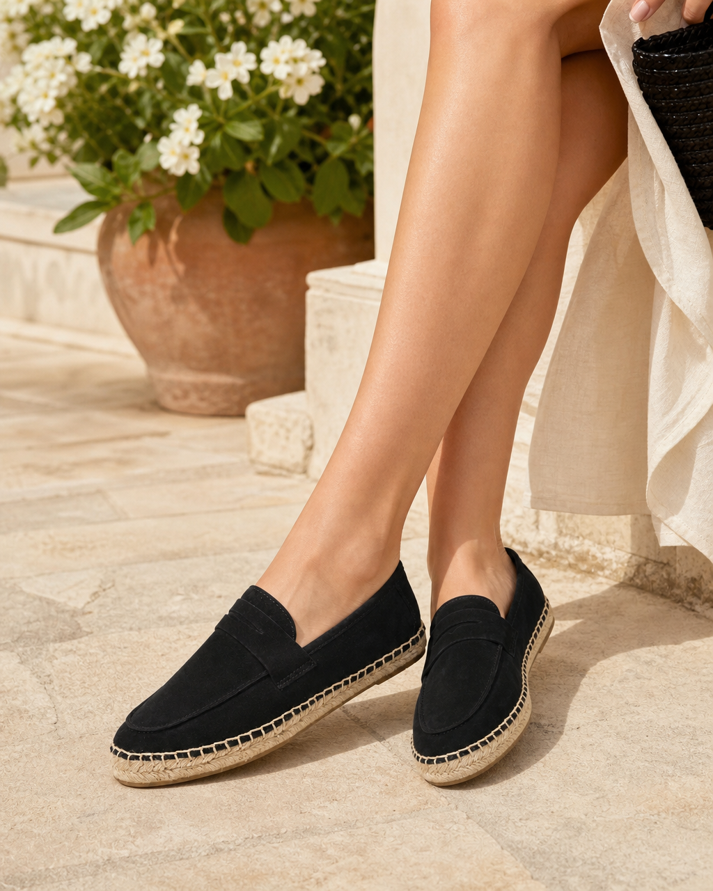 Woman wearing black espadrille