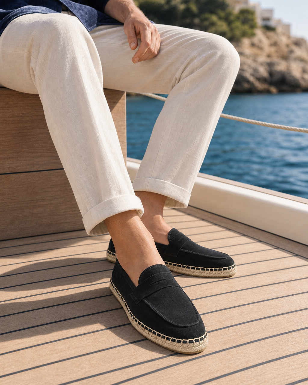 Man wearing black espadrille with linen trousers