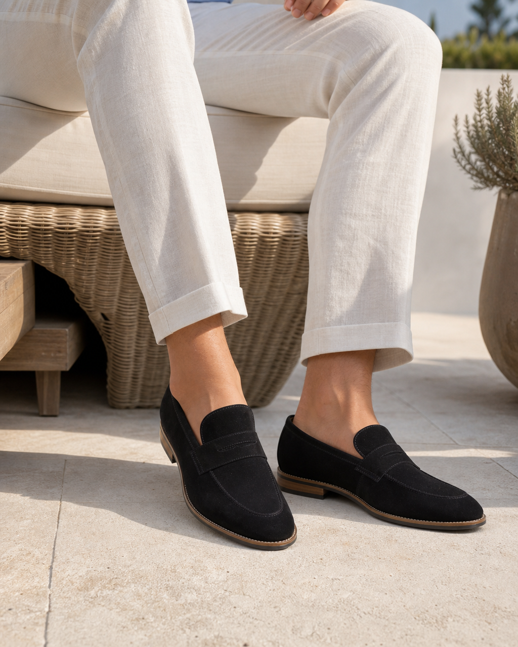 Man wearing black penny with linen trousers