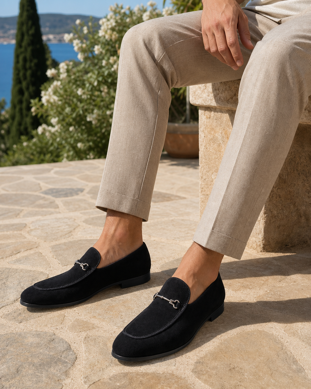 Man wearing black platform with linen trousers