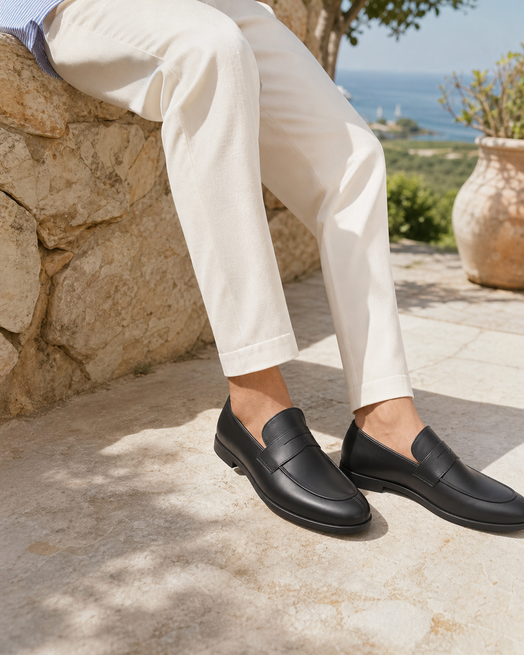 Man wearing black platform with linen trousers