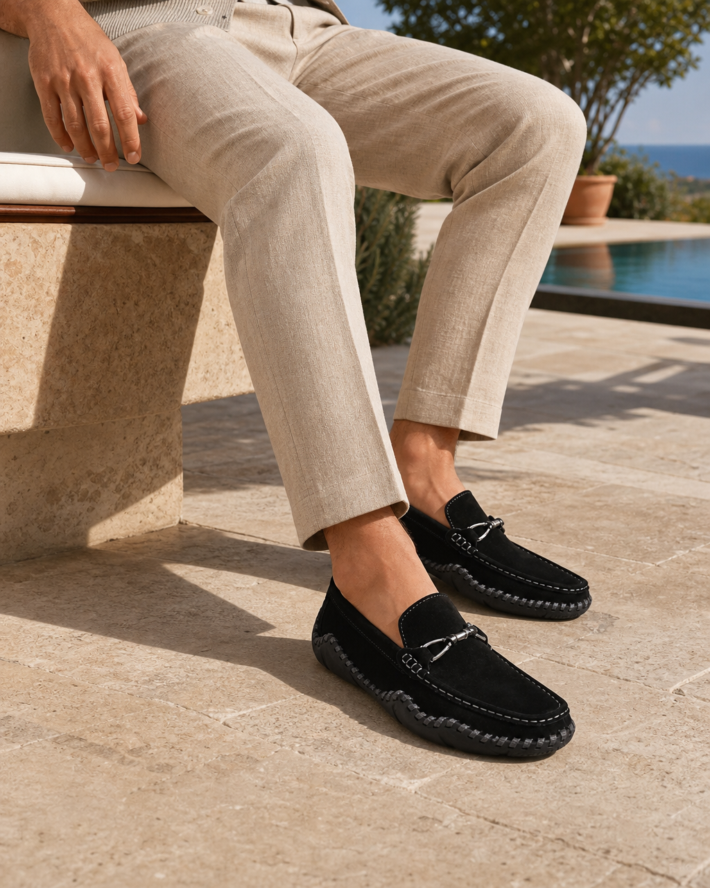 Man wearing black slip on