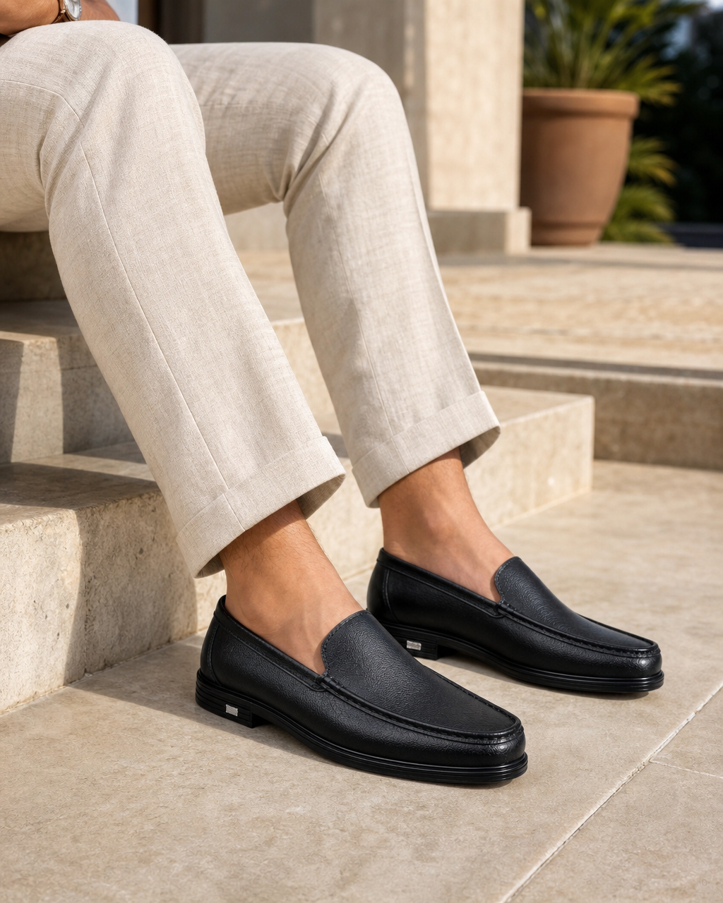 Man wearing black slip on with linen trousers