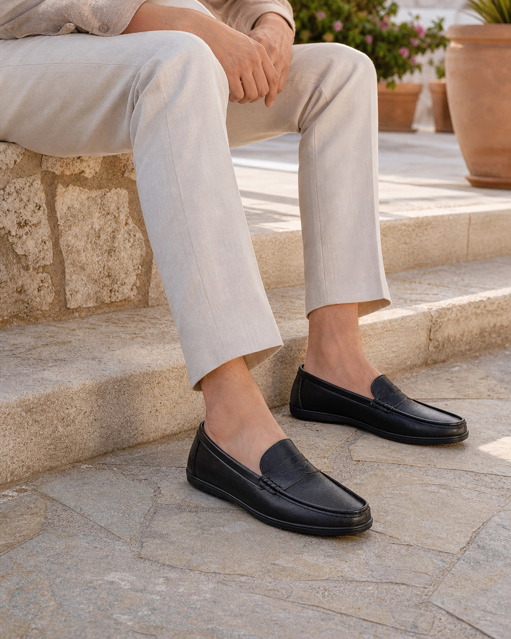 Man wearing black slip on with linen trousers