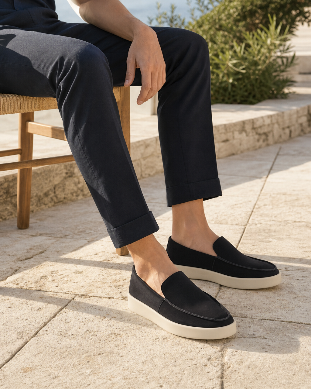 Man wearing black slip on with linen trousers