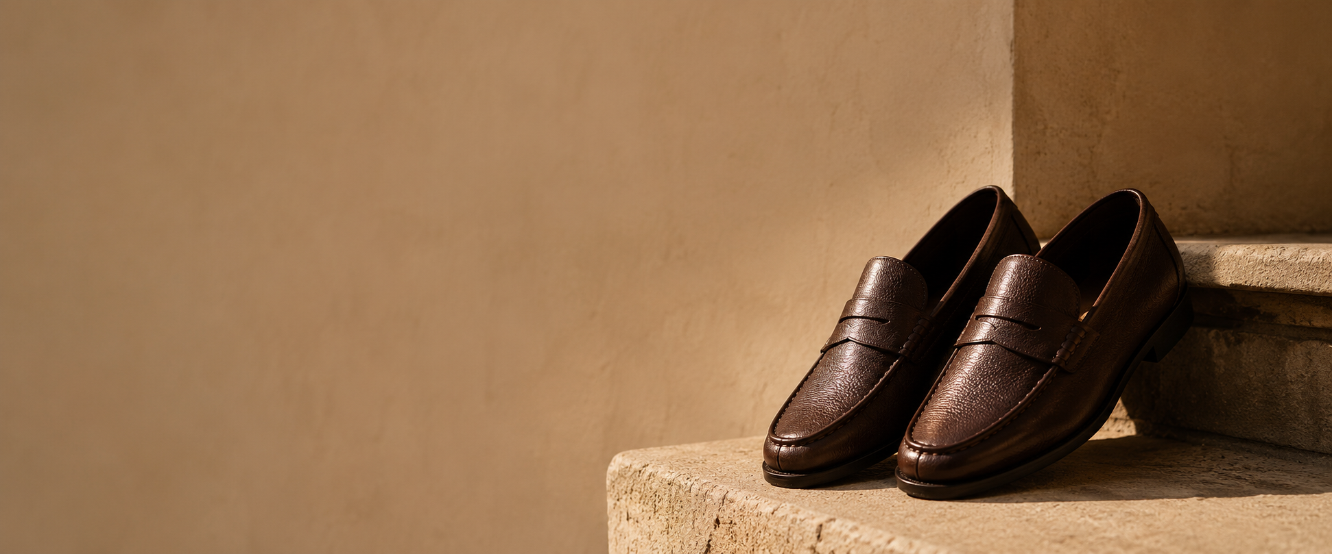 Brown leather penny loafers on a sunlit stone step