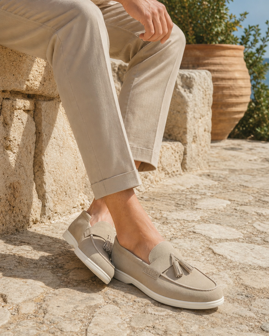 Man wearing cream tassel with linen trousers
