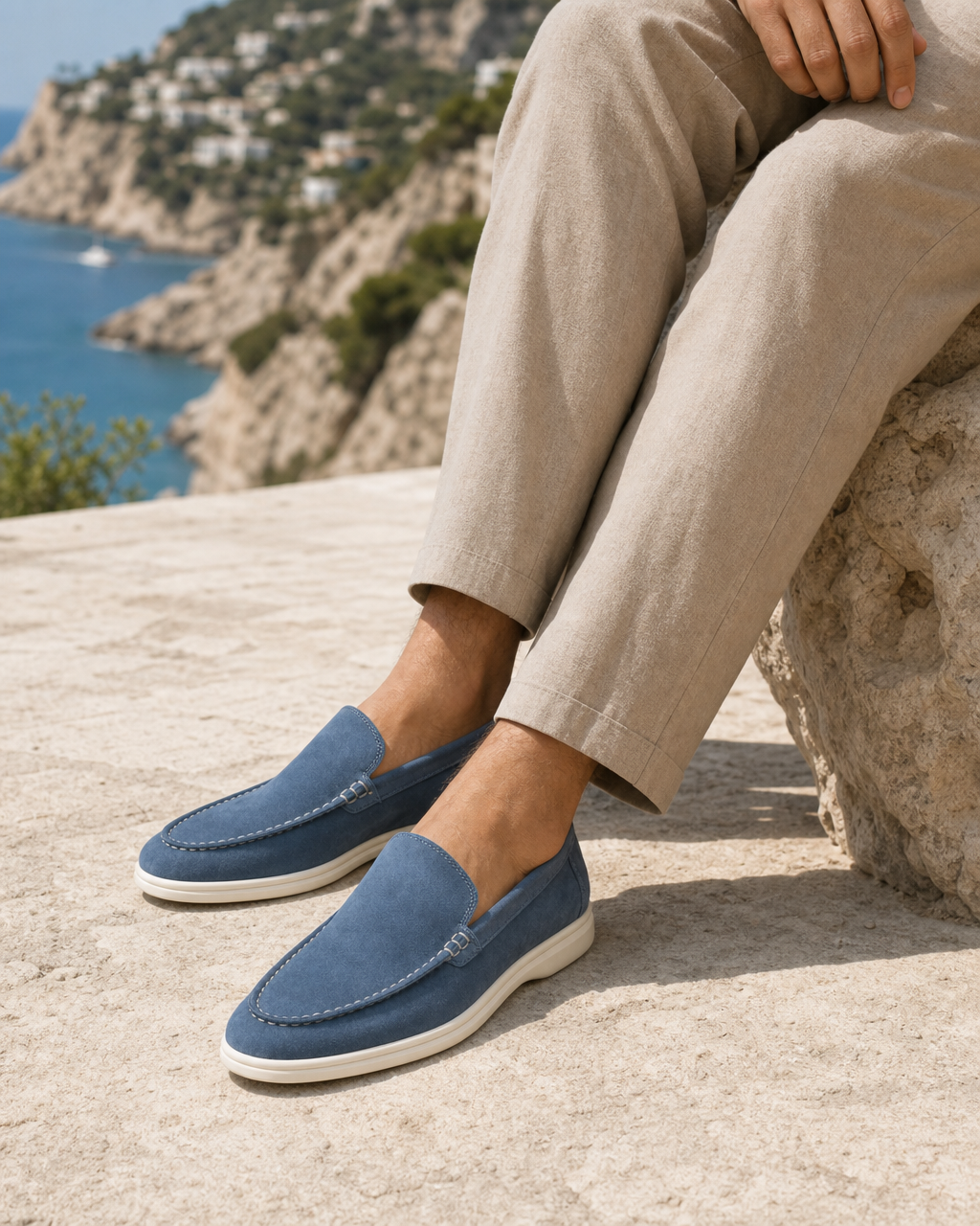 Man wearing denim blue slip on with linen trousers