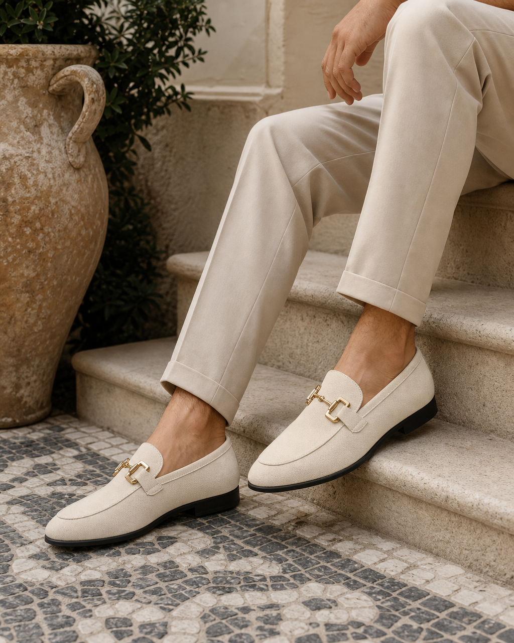 Man wearing ivory bit with linen trousers