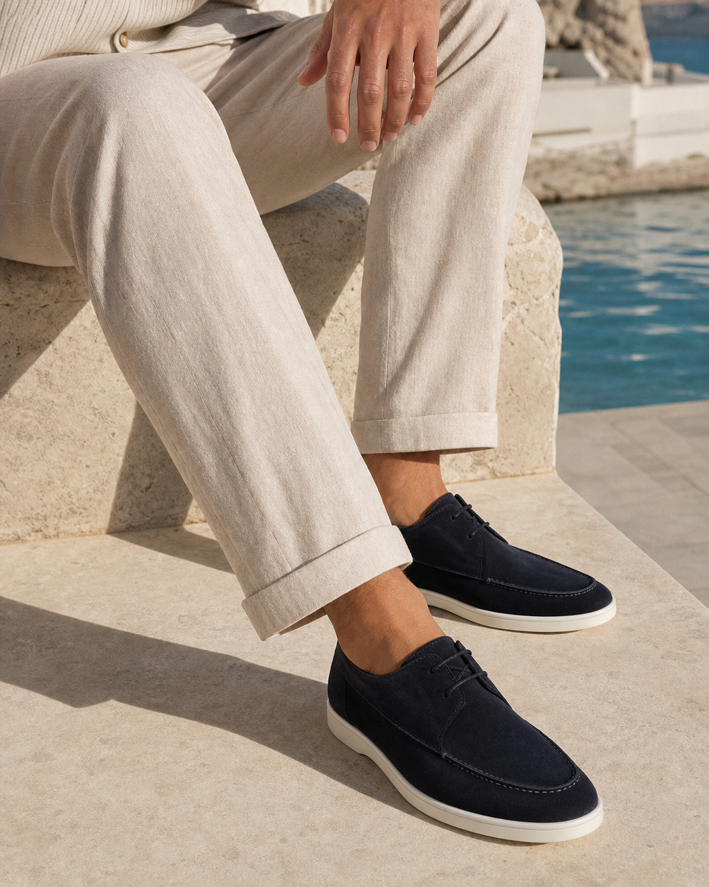 Man wearing navy bit with linen trousers