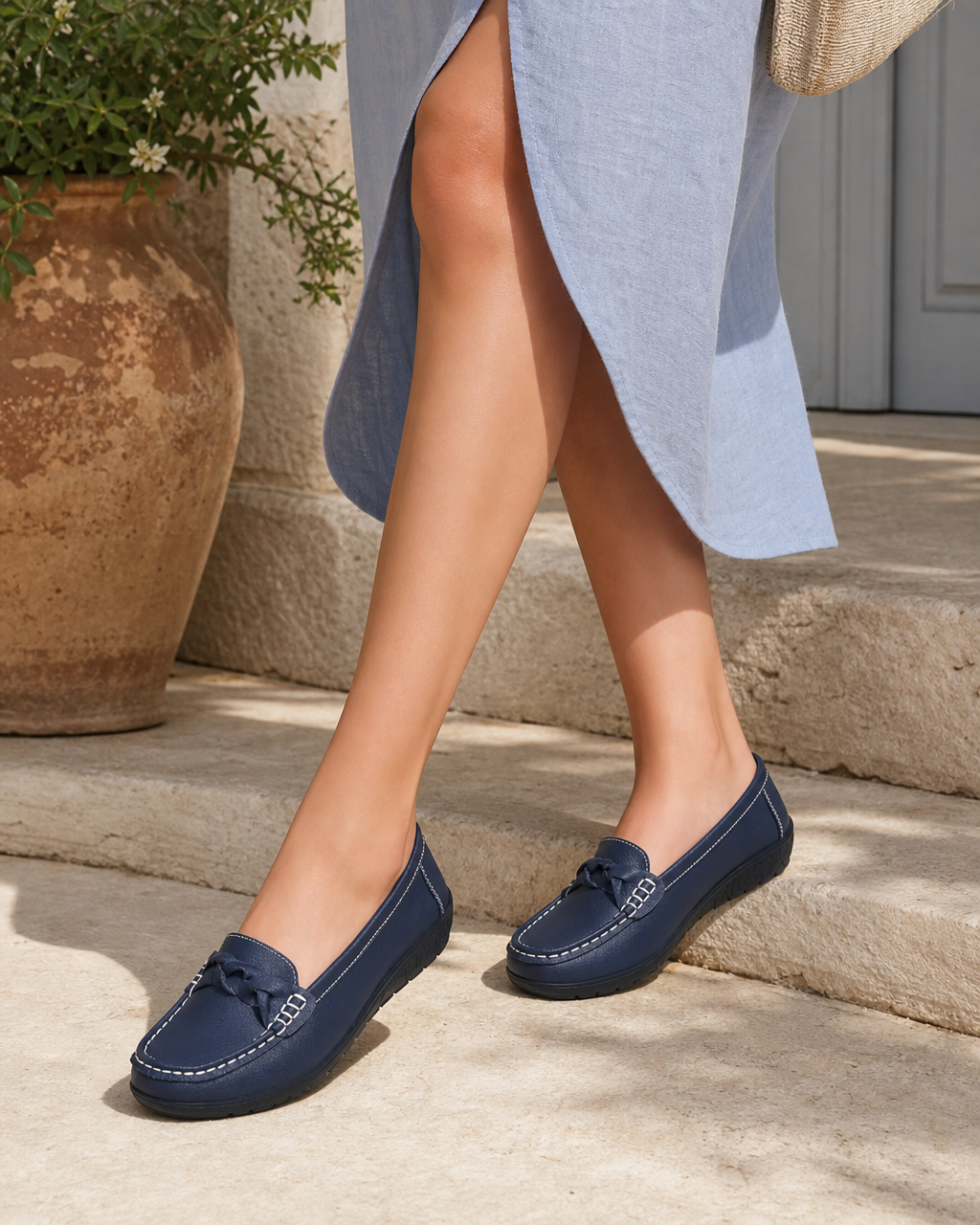 Woman wearing navy flat with a cream midi skirt