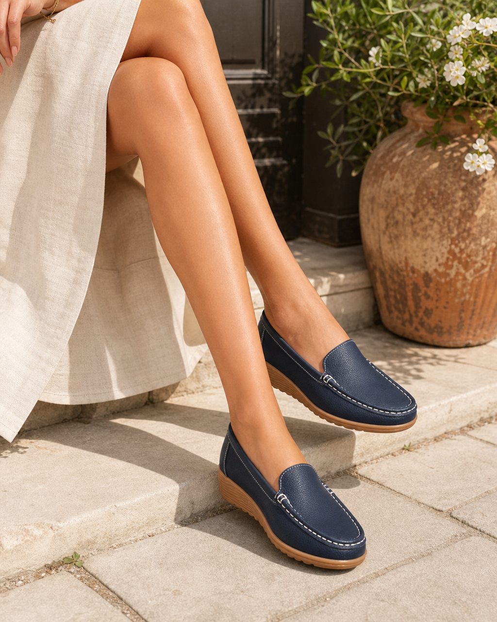 Woman wearing navy flat with a cream midi skirt