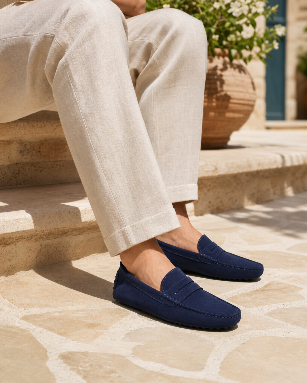 Man wearing navy penny with linen trousers