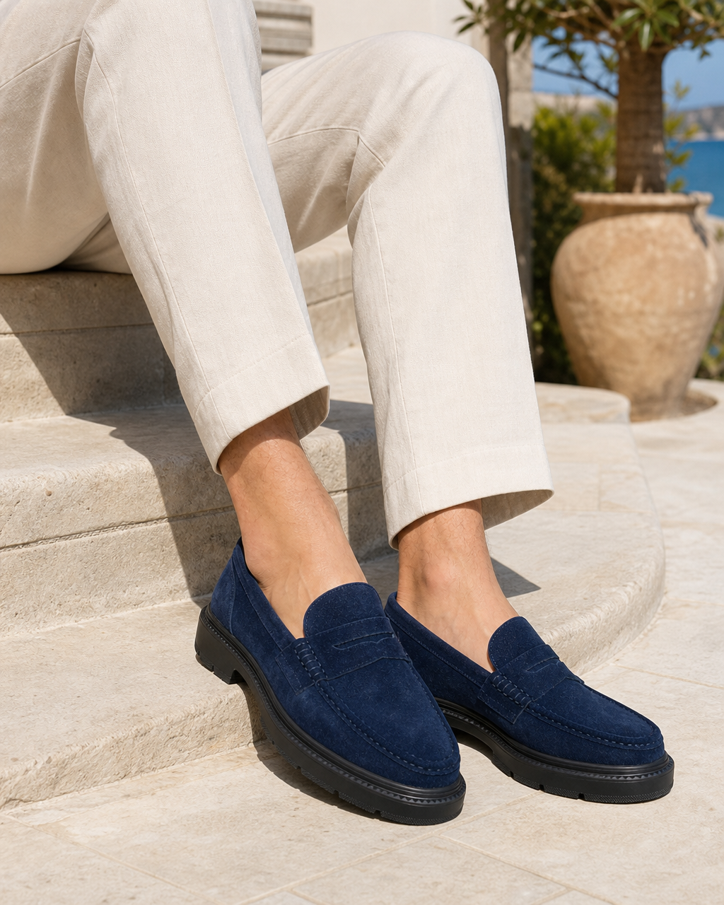 Man wearing navy penny with linen trousers