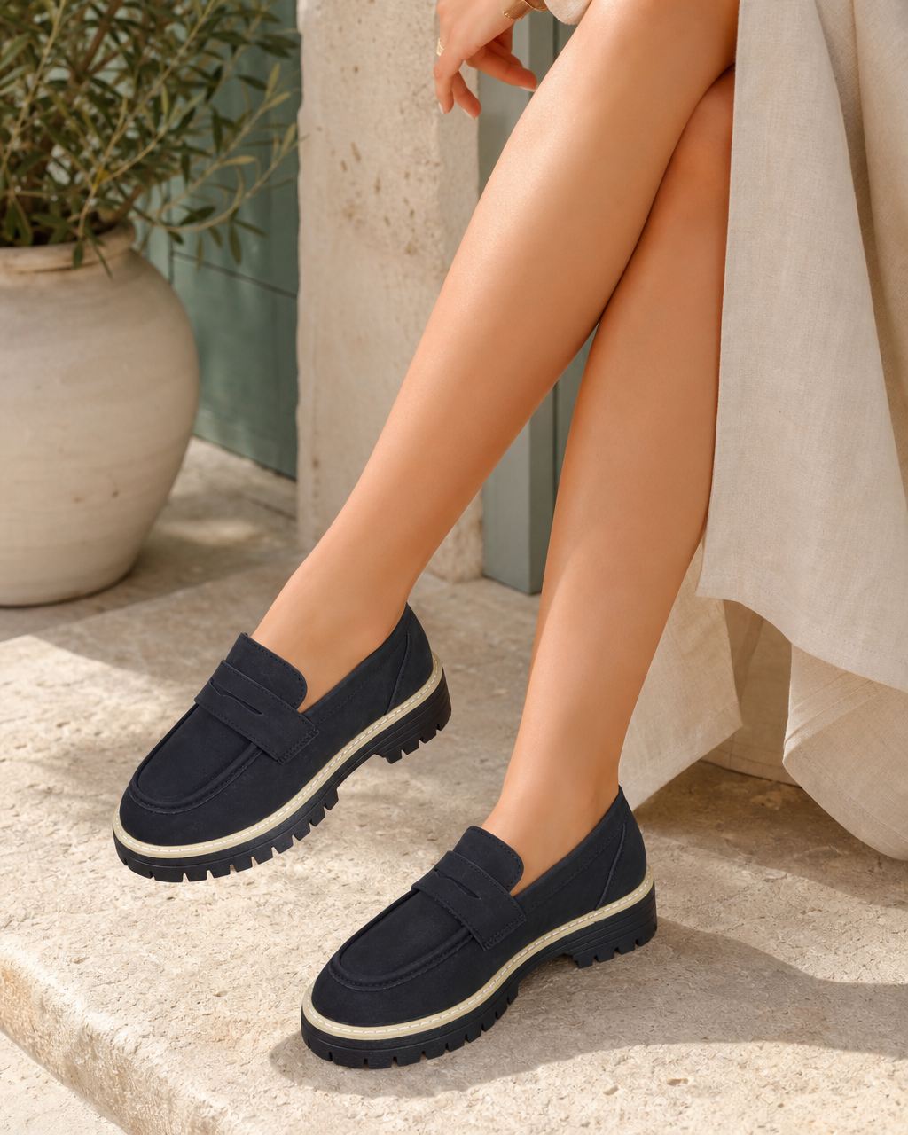 Woman wearing navy platform with a cream midi skirt
