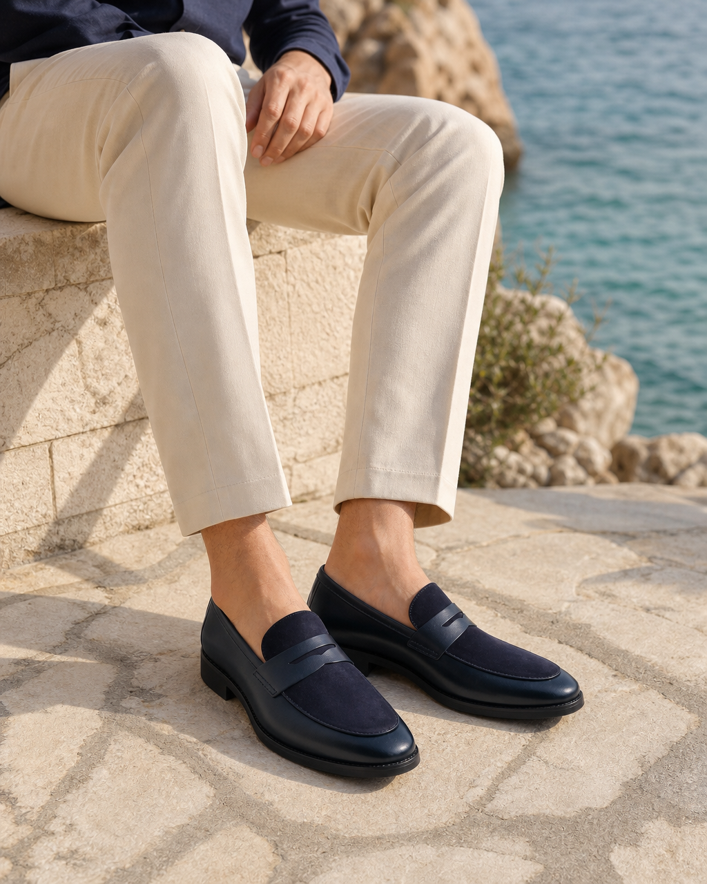 Man wearing navy slip on with linen trousers