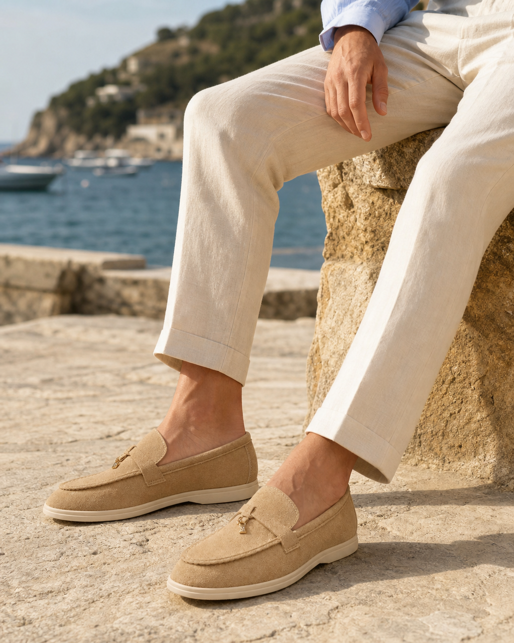 Man wearing sand slip on with linen trousers