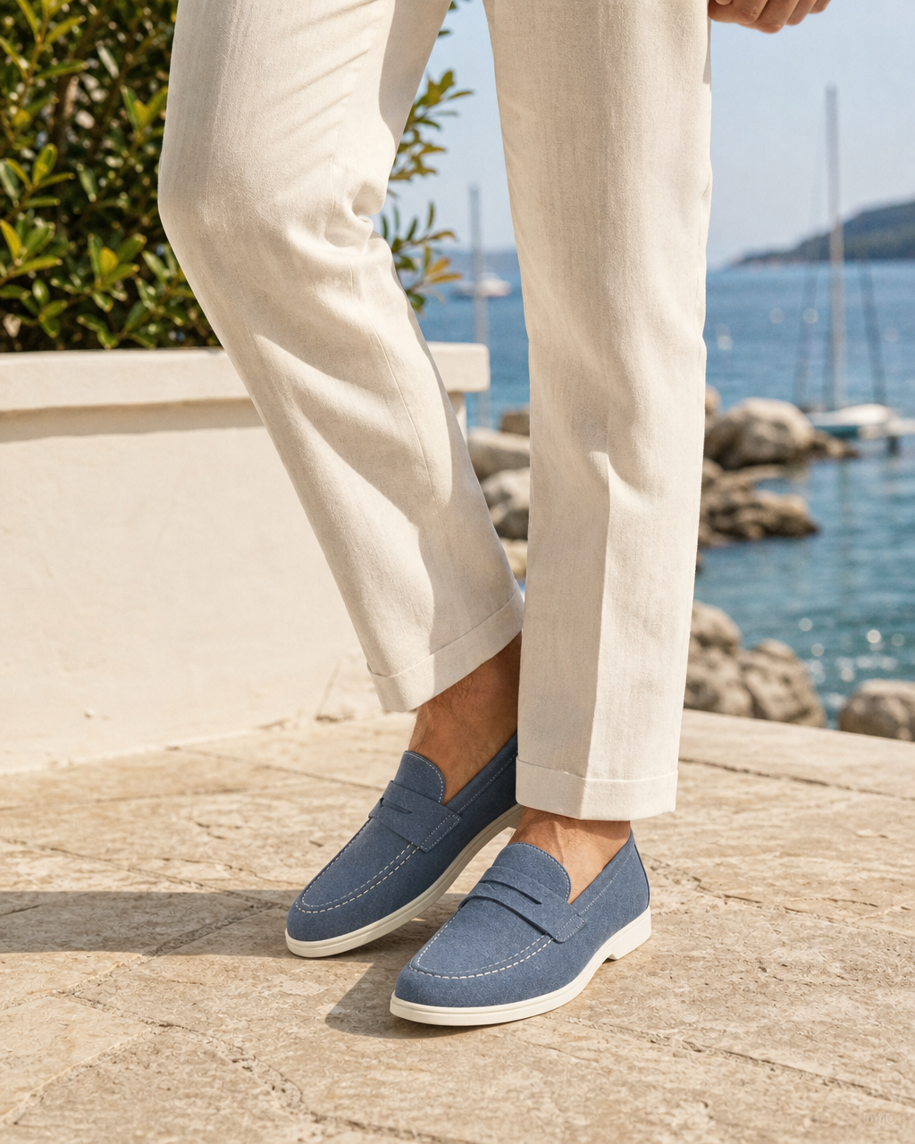 Man wearing slate blue penny with linen trousers