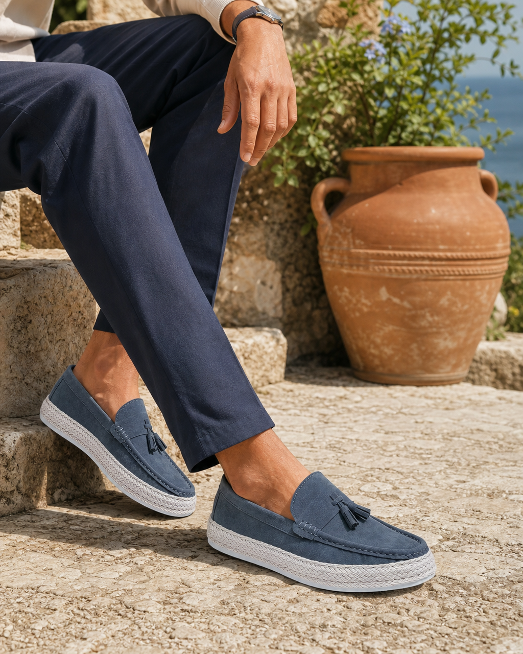 Man wearing slate blue slip on with linen trousers