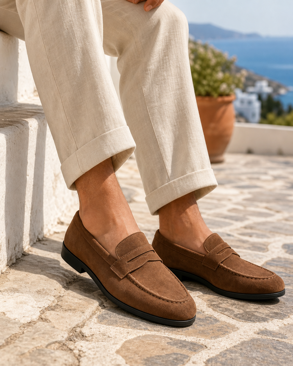 Man wearing tan penny with linen trousers